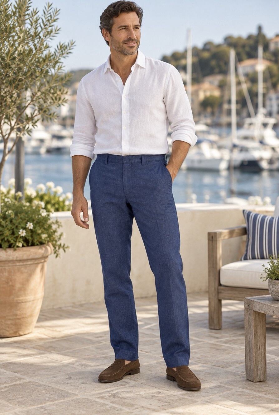 J.CREW Bowery Slim Fit Linen Pants Mens Blue Flat Front 32x29.5